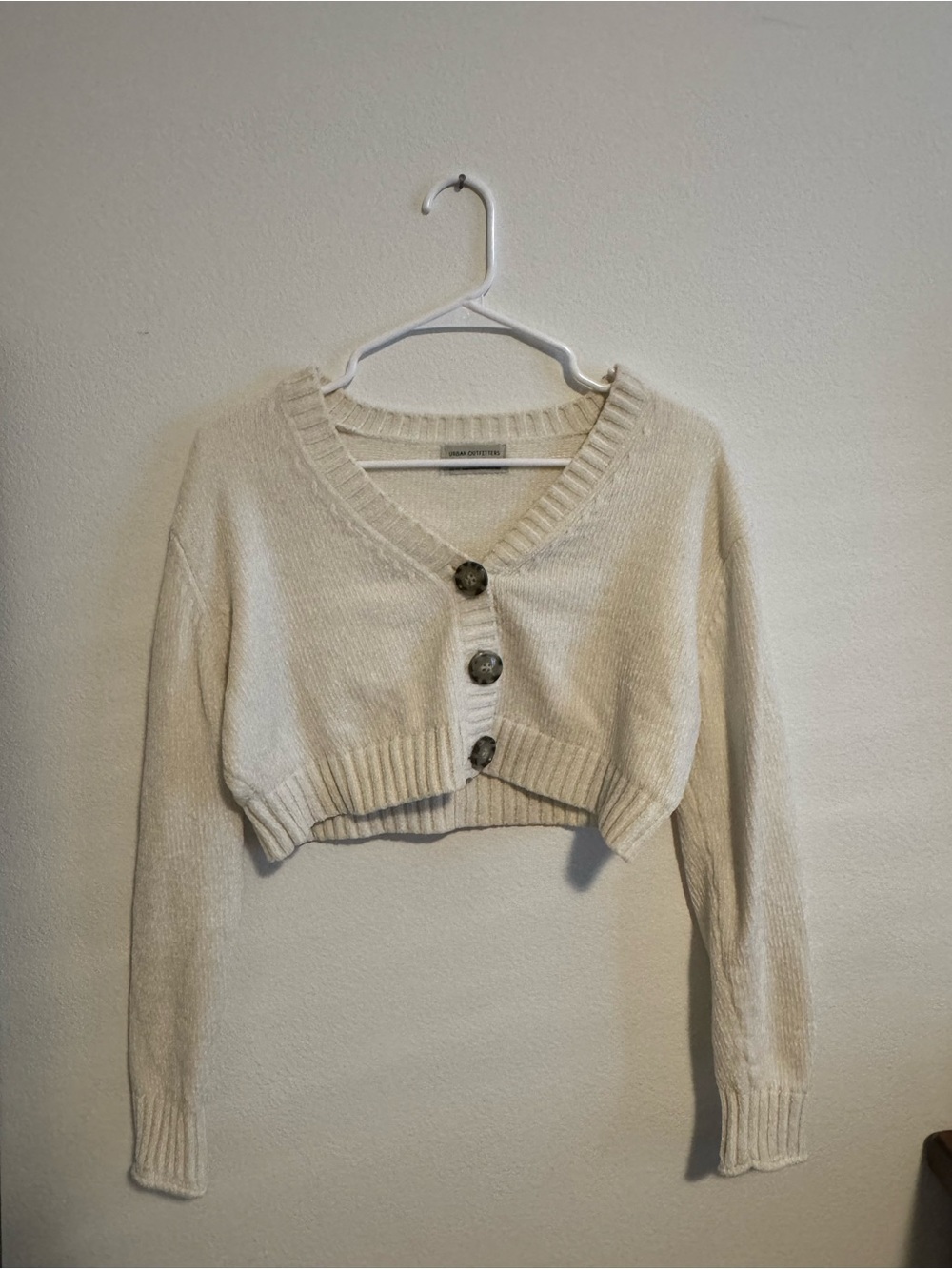 Urban Outfitters Cream Cropped Button V-Neck Cardigan